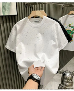 Men's Summer Rhinestone Rivet T-shirt  featuring a round neck and casual  styles Perfect for high street  fashion in 2025 . Short sleeve for comfort fit