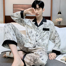 High Quality Satin Printed Pajamas Set Men's Nightwear Ice Silk Long Sleeve Loose Thin Teen Home Clothing Wear Suit Male Pyjama