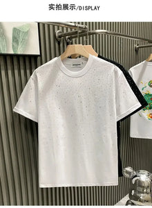 Men's Summer Rhinestone Rivet T-shirt  featuring a round neck and casual  styles Perfect for high street  fashion in 2025 . Short sleeve for comfort fit