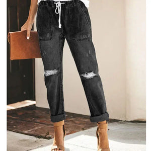 European and American denim straight leg pants with elastic oversized women's jeans ripped