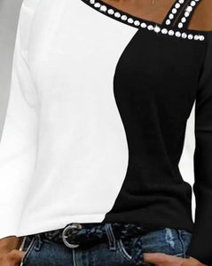 Women's  Color block Rhinestone Casual Long Sleeve  T-Shirt