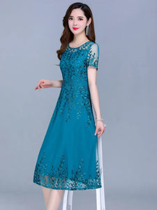 Elegant Blue  Chiffon Mesh Dress Women Great Evening Dresses Short Sleeve