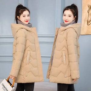 Winter Fashion Women Mid Length Down Cotton Jacket Loose Thick Warm Padded Coat Hooded Parkas