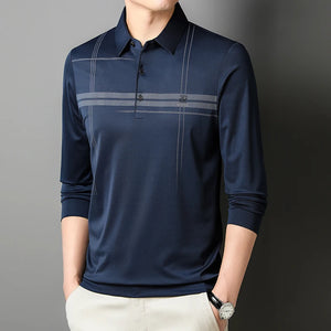 Men's  Warm  Long Sleeve Casual Polo  Business Style Stripe Printed Men's Top