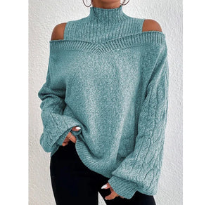 Autumn Winter Off Shoulder High Neck Long Sleeve Knit Cardigan -European & American Style