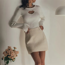 Fall Wint Heart Cut Out Ribbed Knit Tops for Women Elegant Flare Sleeve Sexy Slim Tops Basic Pullovers Streetwear