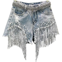 Denim Shorts Women's 2025 Summer Clothes New European High Waist Thin Heavy Industry Beaded Sequined Fringed Broken Copper Jeans