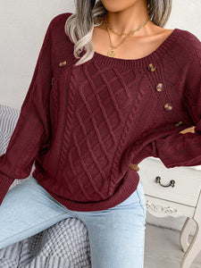 Women Casual Square Collar Buttons Long Sleeve Knitted Pullovers Sweaters