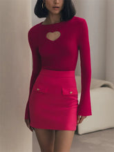 Fall Wint Heart Cut Out Ribbed Knit Tops for Women Elegant Flare Sleeve Sexy Slim Tops Basic Pullovers Streetwear