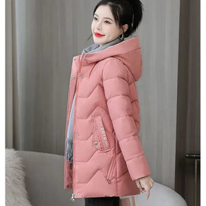 Winter Fashion Women Mid Length Down Cotton Jacket Loose Thick Warm Padded Coat Hooded Parkas