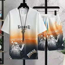Summer New Fashion Trend Printed Short Sleeve Shorts Set Men Loose Sports Breathable Fashion Large Size Two-Piece Set