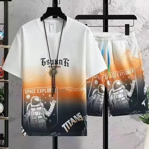 Summer New Fashion Trend Printed Short Sleeve Shorts Set Men Loose Sports Breathable Fashion Large Size Two-Piece Set