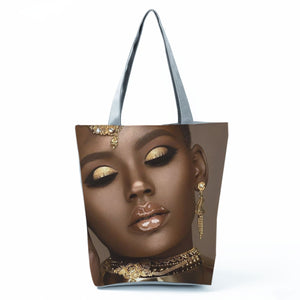 Golden Afro Woman Printed Handbags Pretty Fashion Shoulder Bag High Capacity Beach Bag