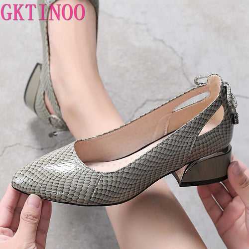 GKTINOO Women Pumps  Genuine Leather Pointed Toe Shoes Thick Heel