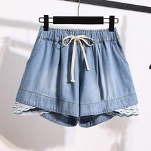 S-5XL Plus Size Harajuku Casual Summer Shorts Women Lace Stitching Elastic High Waist Loose Wide Leg Denim Shorts Jeans C7318