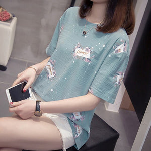 Oversize Women Casual Short-sleeved T-shirt Printing Cotton Tops