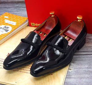 Men's Black Patent Leather Loafers With Black String Pointed Toe Formal Shoes Size 7-13