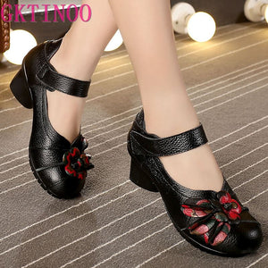 GKTINOO  Ethnic Style Genuine Leather Handmade Shoes Women Mid Heels Pumps Round Toe