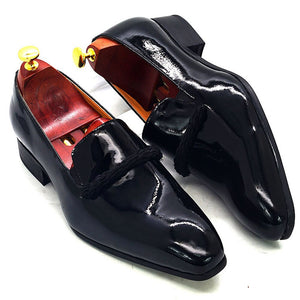 Men's Black Patent Leather Loafers With Black String Pointed Toe Formal Shoes Size 7-13