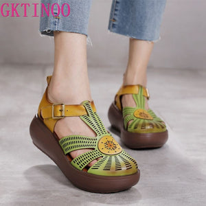 GKTINOO Genuine Leather Shoes Women Sandals Mixed Colors Retro Buckle Strap