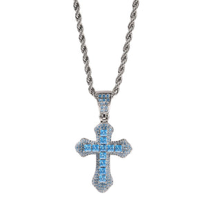 THE BLING KING New Sky Blue Cross Pendant Necklace Color Psychedelic HipHop Full Iced Out Cubic Zirconia CZ Stone