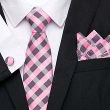 Men`s Tie Silk Red Plaid print Jacquard Woven Tie + Hanky + Cufflinks Sets