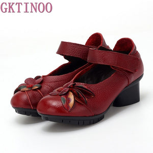 GKTINOO  Ethnic Style Genuine Leather Handmade Shoes Women Mid Heels Pumps Round Toe