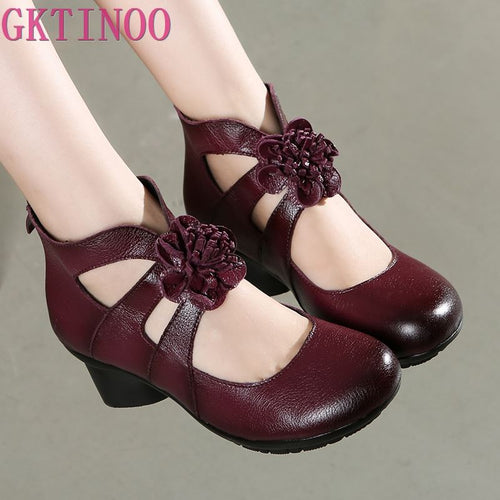 GKTINOO Vintage Women Genuine Leather High Heel Autumn Fashion Shoes Non-Slip