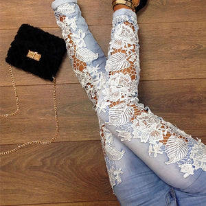 Women Stretch Lace Floral Side Spliced Denim Jeans Hollow Out Slim Pencil Pants