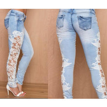 Women Stretch Lace Floral Side Spliced Denim Jeans Hollow Out Slim Pencil Pants