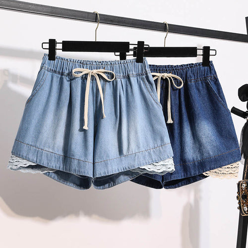 S-5XL Plus Size Harajuku Casual Summer Shorts Women Lace Stitching Elastic High Waist Loose Wide Leg Denim Shorts Jeans C7318