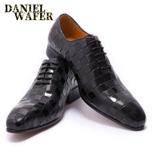 Luxury Italian Leather Dress Shoes Men Fashion Plaid Print Lace-Up