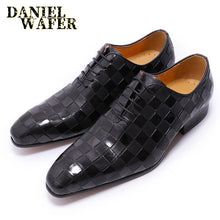 Luxury Italian Leather Dress Shoes Men Fashion Plaid Print Lace-Up