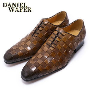 Luxury Italian Leather Dress Shoes Men Fashion Plaid Print Lace-Up