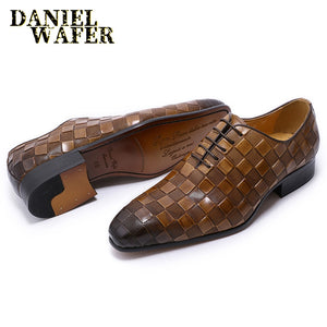 Luxury Italian Leather Dress Shoes Men Fashion Plaid Print Lace-Up