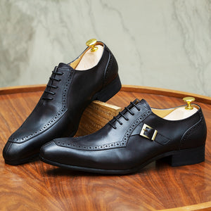 Men Luxury Lace-Up Buckle Strap Pointed Toe Oxford Design Leather Shoe Office Business Wedding Formal Shoes
