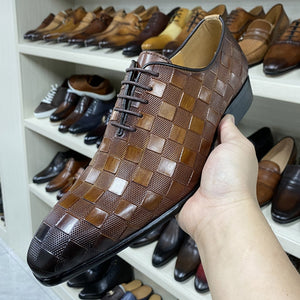 Luxury Italian Leather Dress Shoes Men Fashion Plaid Print Lace-Up