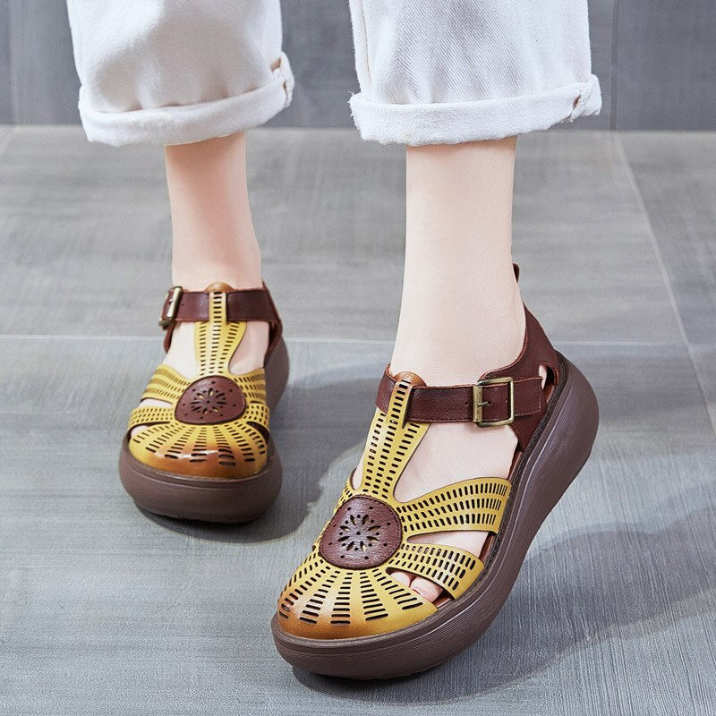 GKTINOO Genuine Leather Shoes Women Sandals Mixed Colors Retro Buckle Strap