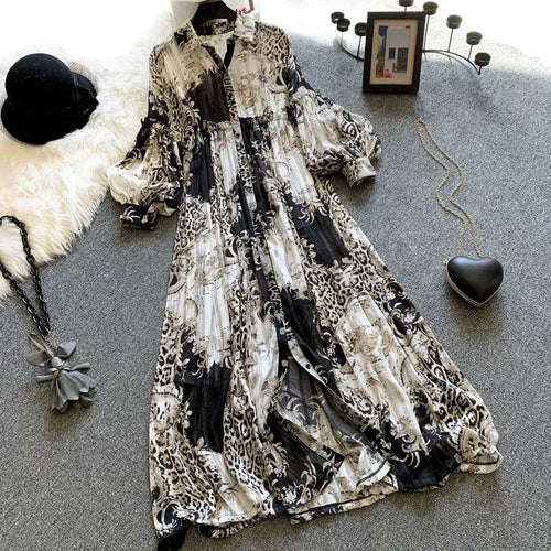 Leopard Vintage Chiffon Lantern Long Sleeve Folds Women's Dress Korean Fashion Turn-down Collar Loose Mid-Calf Dresses For Women