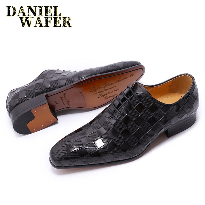 Luxury Italian Leather Dress Shoes Men Fashion Plaid Print Lace-Up