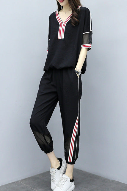 Summer White Casual Sports Suit Female Loose  Two Sets Size S-3XL
