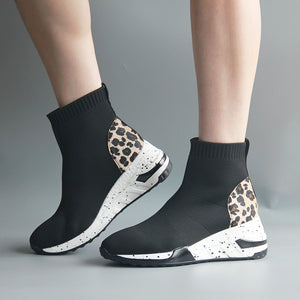 High top women platform knitted sock sneaker leopard fashion print upper designer