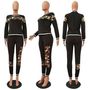 Leopard Camouflage Two Pieces Set Women Sports Suit Long Sleeve