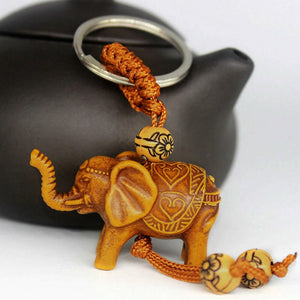 1 PCS Elephant Keychain Peach Wood Carving Unique Key Chain