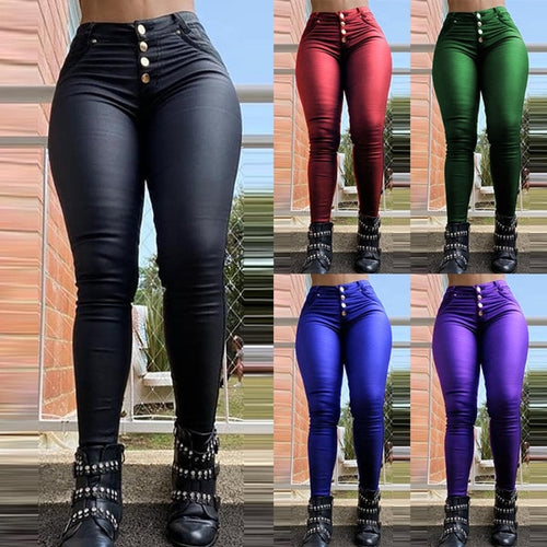 Women Faux Leather Pants High Waist Skinny Trousers Buttons Design