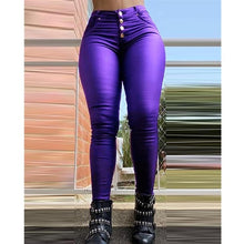 Women Faux Leather Pants High Waist Skinny Trousers Buttons Design