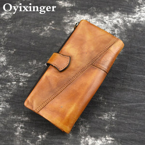 Oyixinger Vintage Genuine  Leather Wallet Oil Wax  Long Purse  Notecase For Ladies