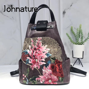 Johnature Women Vintage Handmade Embroidery Leather  Travel Backpack