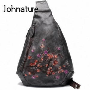 Johnature  Leather Crossbody Bag  Handmade Embossed Fashion Floral Lady Beg