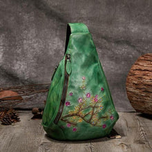 Johnature  Leather Crossbody Bag  Handmade Embossed Fashion Floral Lady Beg